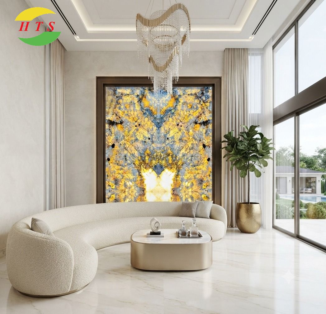 tranh đá onyx vách sau sofa